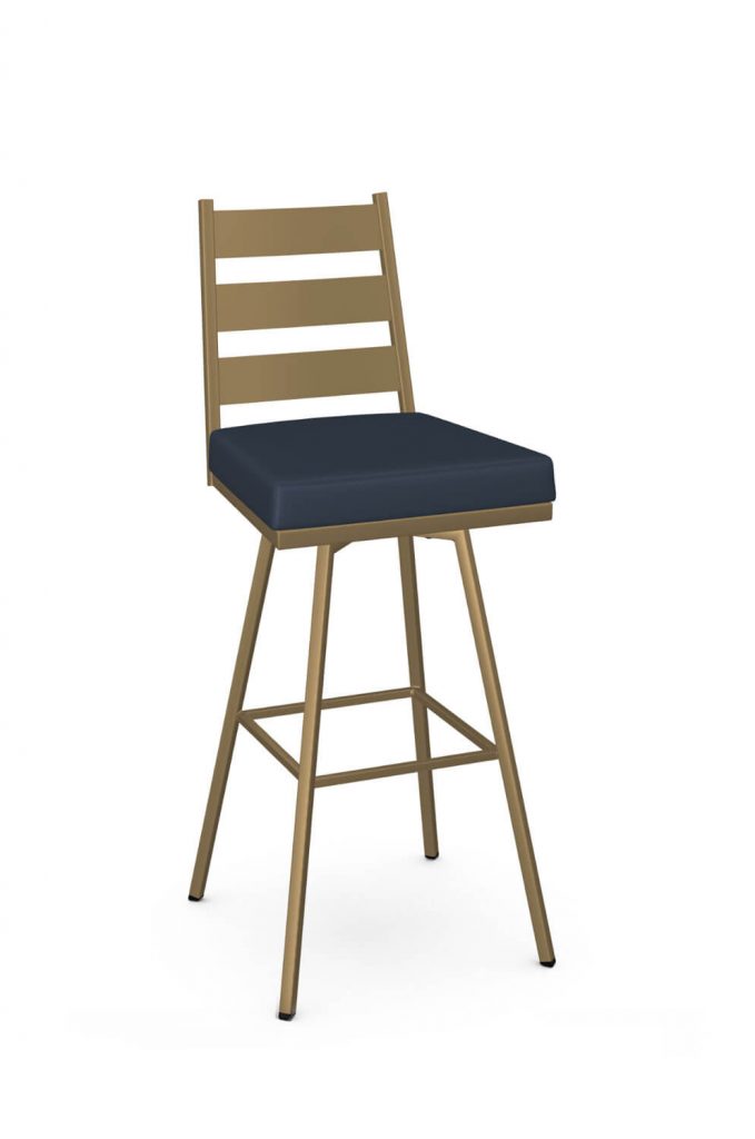 Amisco's Level Modern Gold Swivel Bar Stool with Blue Seat Cushion