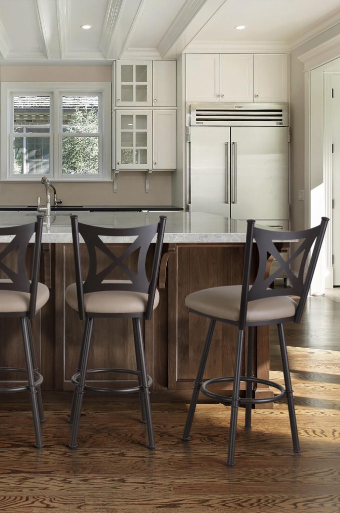 Trica's Aramis Swivel Bar Stools with Cross Back Design in Brown and White Transitional Kitchen Island