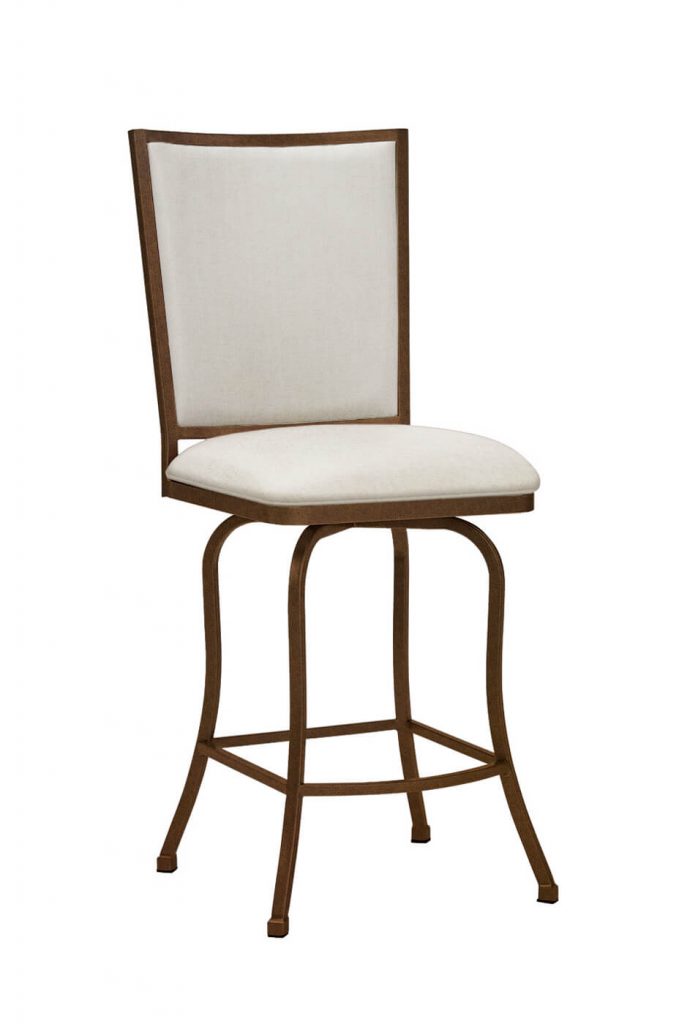 Wesley Allen's Morrison Bronze Copper Swivel Bar Stool Upholstered in Light Tan Fabric