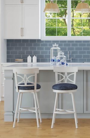 Wesley Allen's Sausalito Farmhouse White Swivel Counter Stools in Farmhouse White and Blue Kitchen