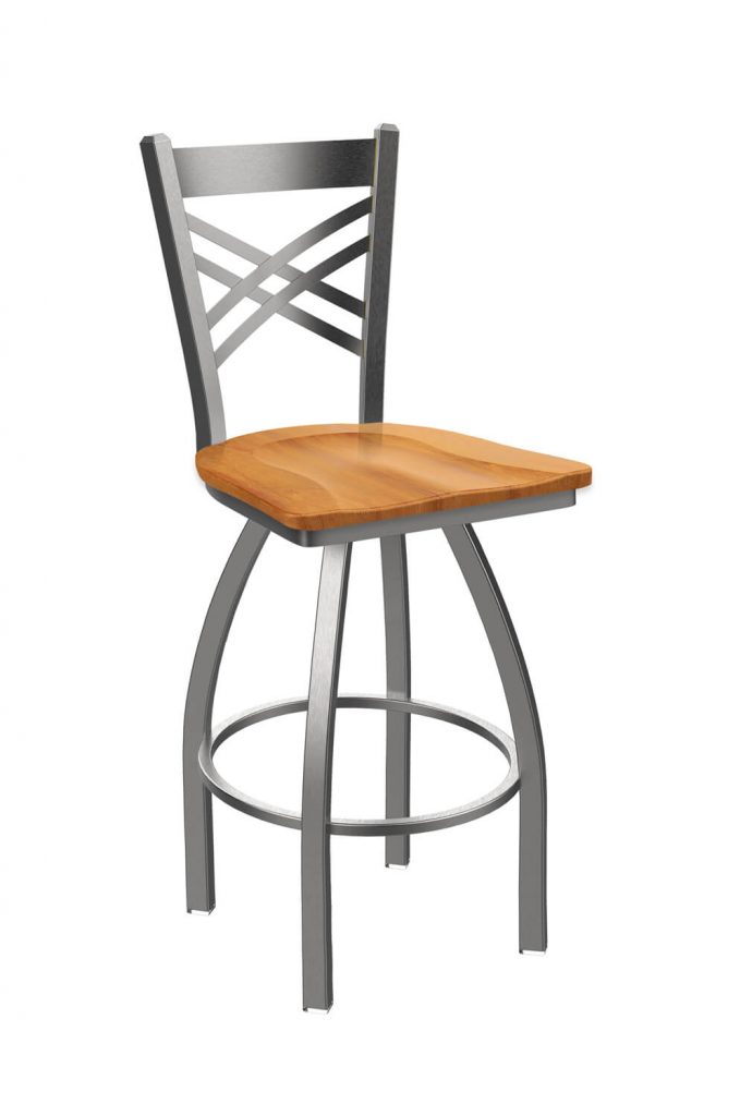 Holland Bar Stool's Catalina #820 Swivel Barstool with Back, in Stainless Steel metal finish and Medium Maple wood seat finish