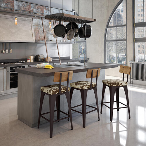 Bar stools with cowhide fabric upholstery