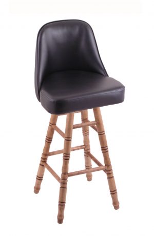 Holland's Grizzly Hardwood Upholstered Swivel Bar Stool with Turned Legs in Dark Cherry, Maple wood finish, and Black vinyl seat and back