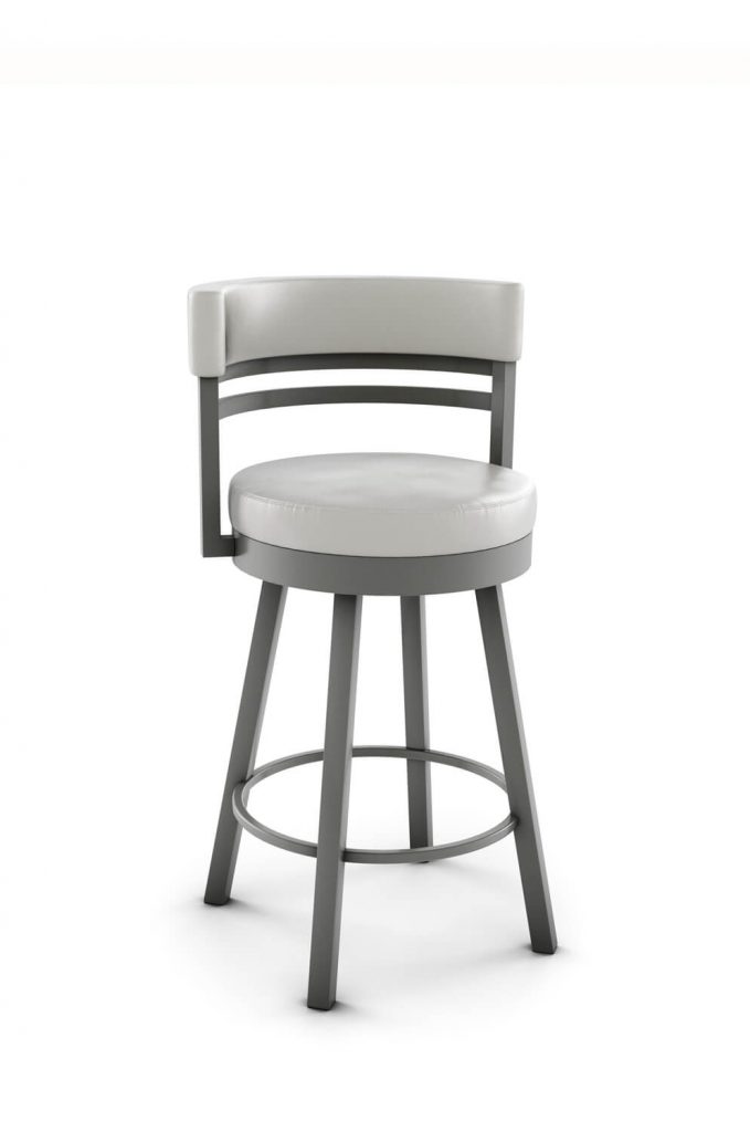 Amisco's Ronny Upholstered Swivel Bar Stool in 56 Titanium metal finish and off-white vinyl