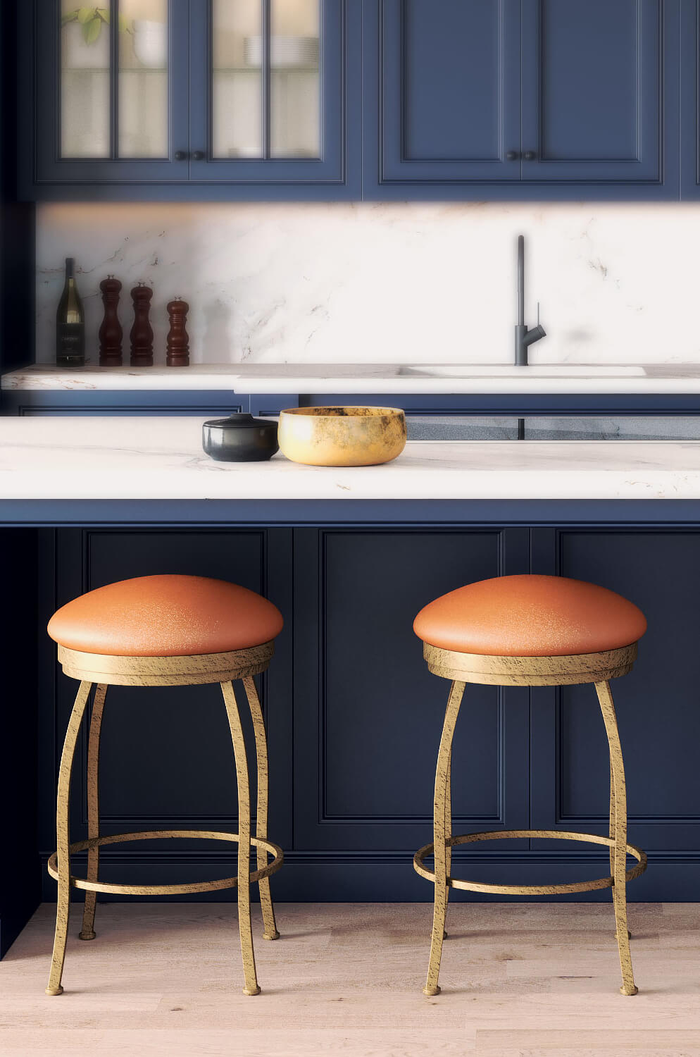 Wesley Allen's Berkeley Backless Bar Stools in Blue and White Kitchen