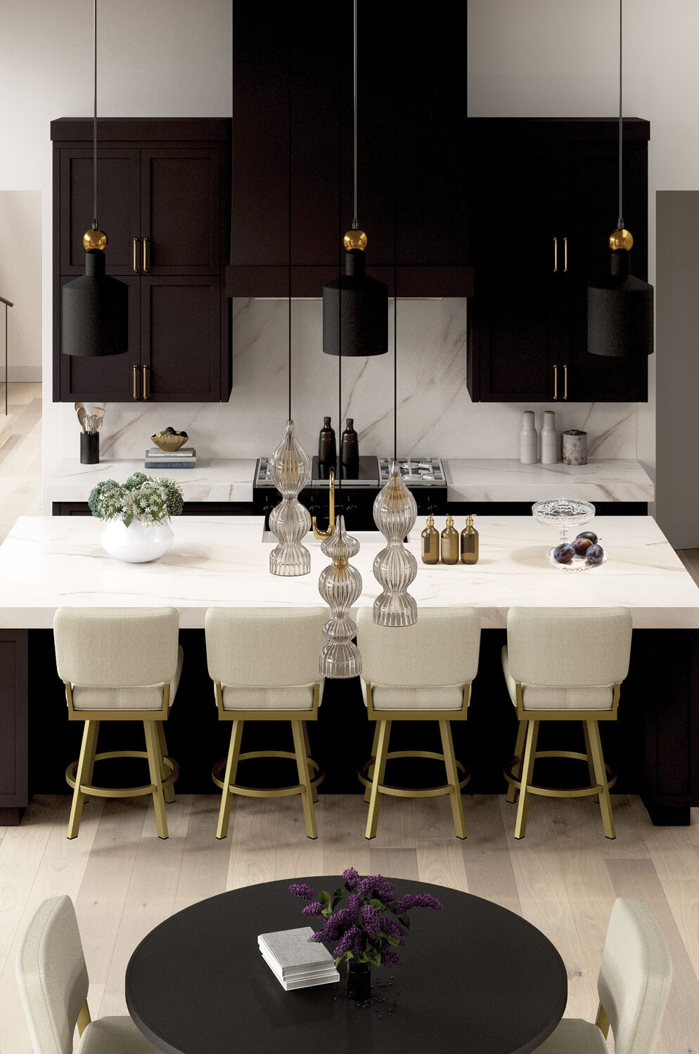 Wesley Allen's Miami Gold Metal Swivel Bar Stools in Modern Brown White Kitchen