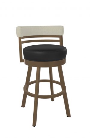 Wesley Allen's Miramar Copper Metal Swivel Bar Stool with Chalk Fabric on Back and Black Vinyl on Seat