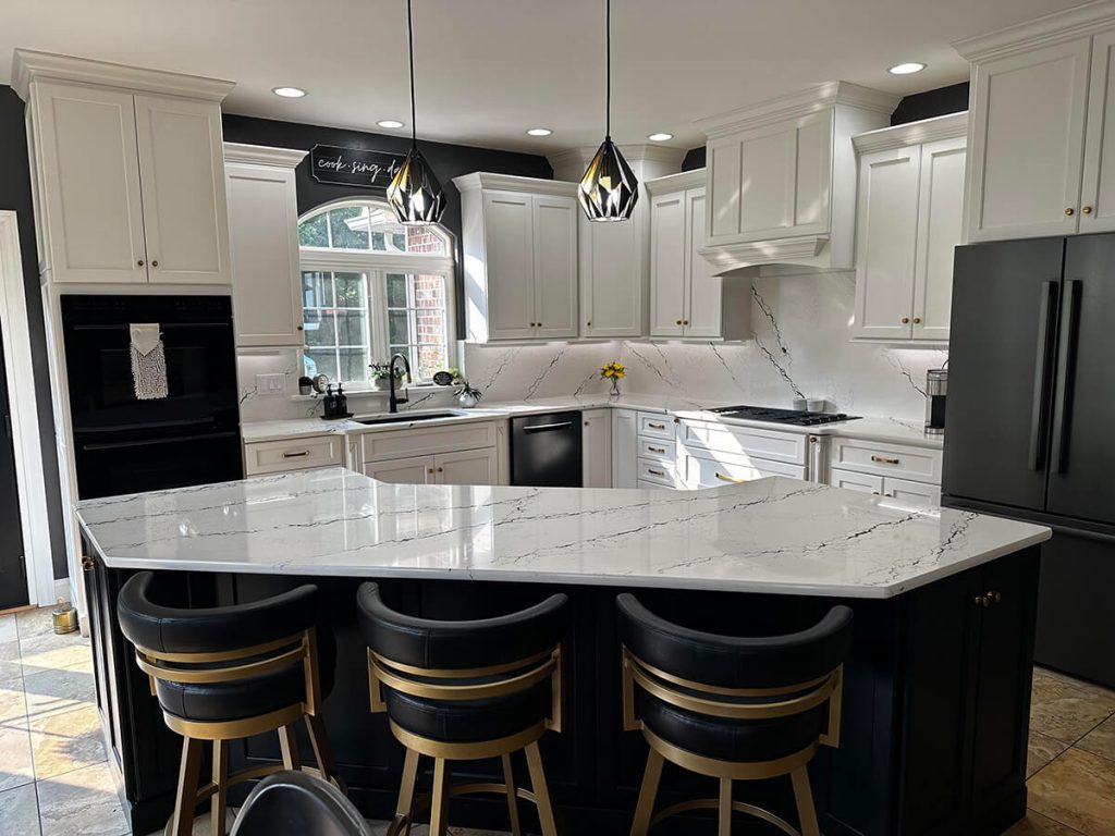 Wesley Allen's Miramar Gold Swivel Bar Stools in Black Vinyl in Modern Black and White Kitchen