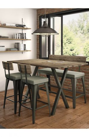 Amisco's Architect Double Barstool Bench with Pub Table and Two Stools in Industrial Dining Room