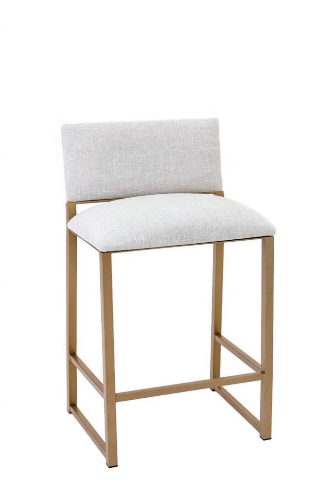 Wesley Allen's Franklin Stationary Upholstered Barstool with Gold Metal Sled Base and White Seat and Back Cushion