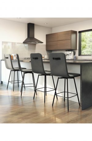 Amisco's Bray Upholstered Swivel Bar Stools in Modern Kitchen with Waterfall Counter and Gray/White Colors