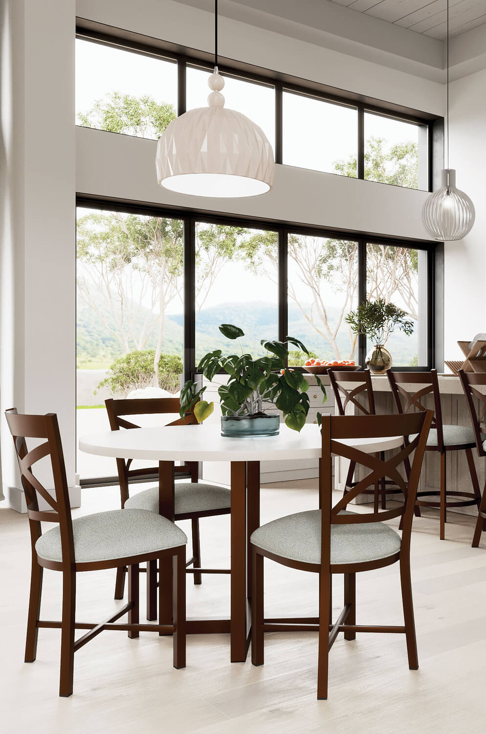 Wesley Allen's Edmonton Bronze Metal Dining Chairs in Open-Concept Kitchen