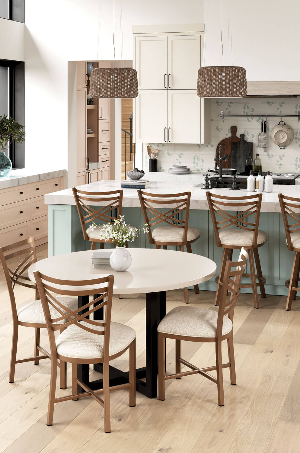 Wesley Allen's Raleigh Bronze Metal Dining Chairs in Open-Concept Kitchen