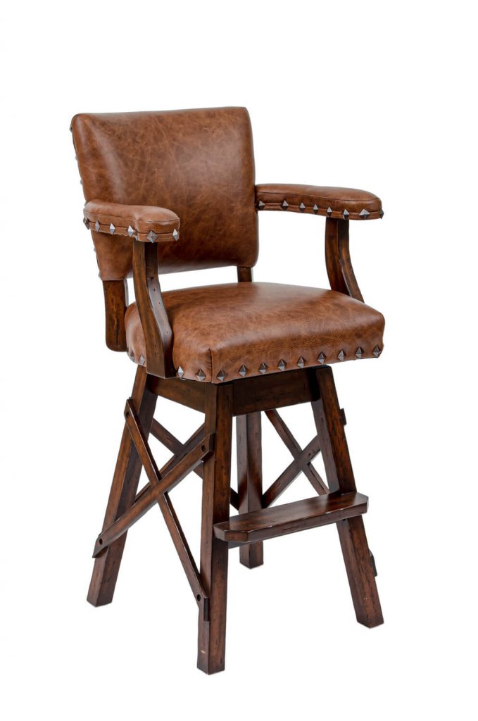 Darafeev's El Dorado Upholstered Swivel Rustic Bar Stool with Arms, Nailhead Trim, and Cross X Base