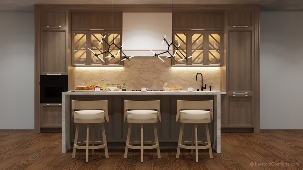 Darafeev's Gen Swivel Low Back Round Bar Stools in Modern Kitchen with Hardwood Floors and Waterfall Island