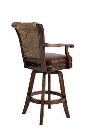 Darafeev's Classic Upholstered Swivel Wood Bar Stool with Arms and Nailhead Trim - View of Back