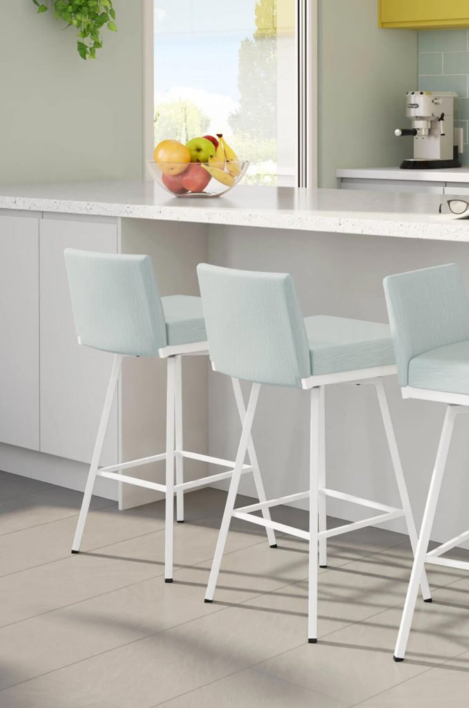 Amisco's Linea Modern White Barstools with Blue Green Cushion in Modern Kitchen