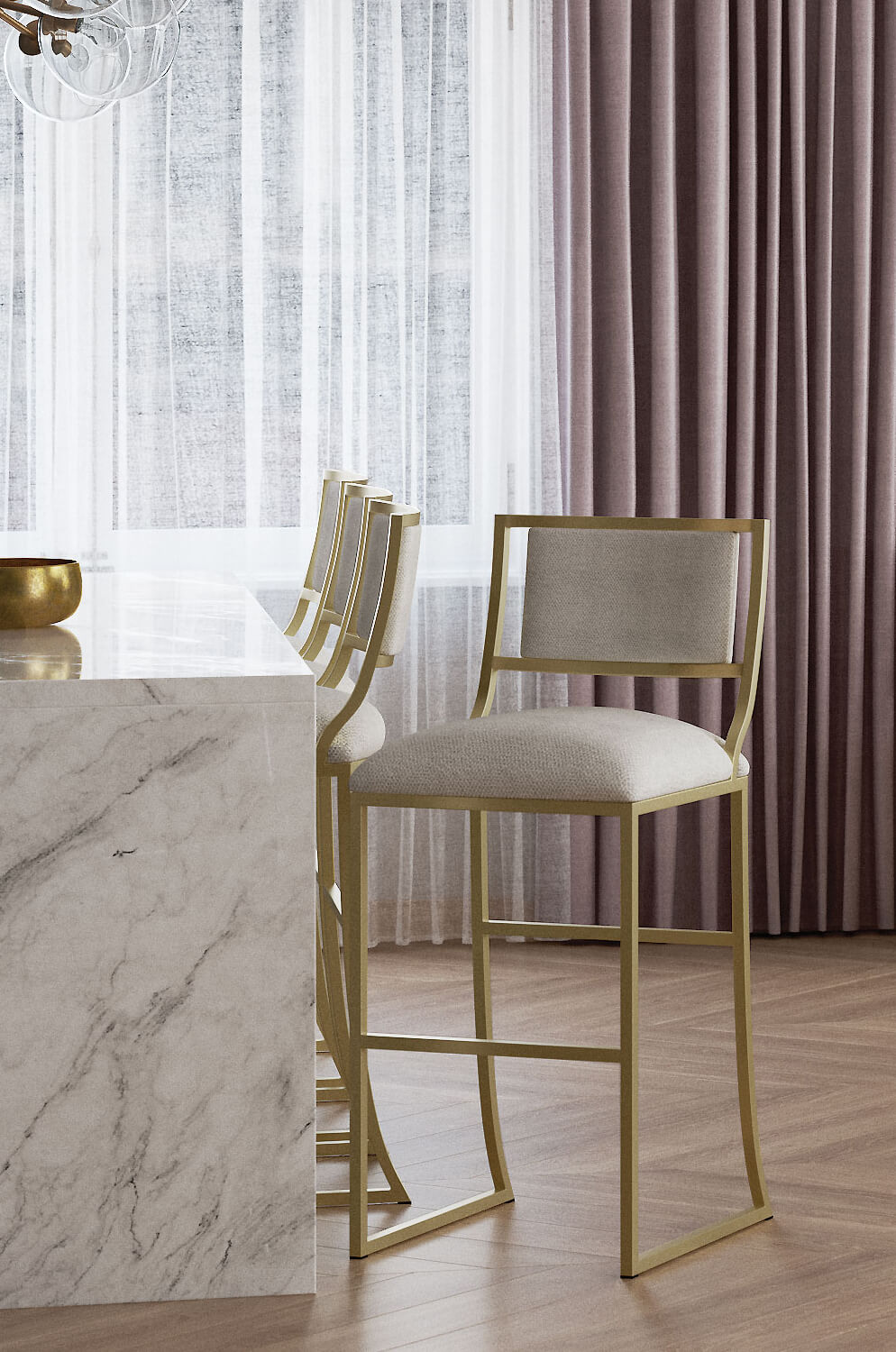 Wesley Allen's Ki Modern Gold Bar Stools at Kitchen Counter