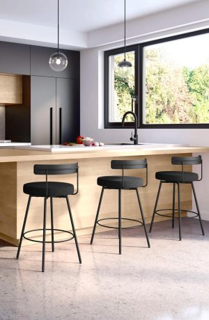 Amisco's Costa Modern Black Swivel Bar Stools with Low Back in Minimal Modern Black and Brown Kitchen