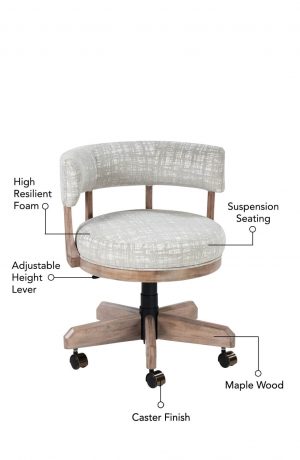 Featuring high resilient foam, suspension seating, adjustable height lever, maple wood, and caster finish.