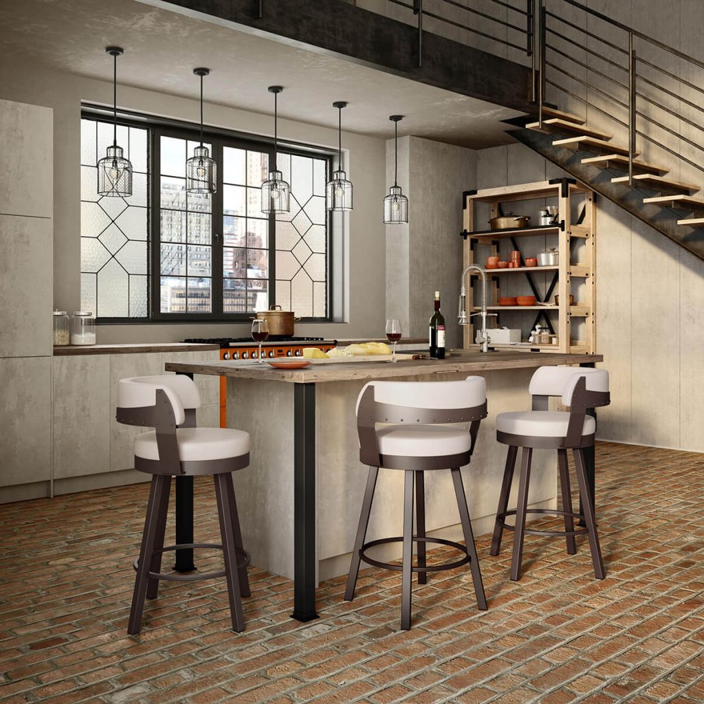 Brown bar stools in an industrial kitchen