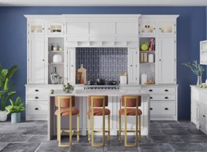 Wesley Allen's Inspiration Nara Bar Stools in Blue White Kitchen