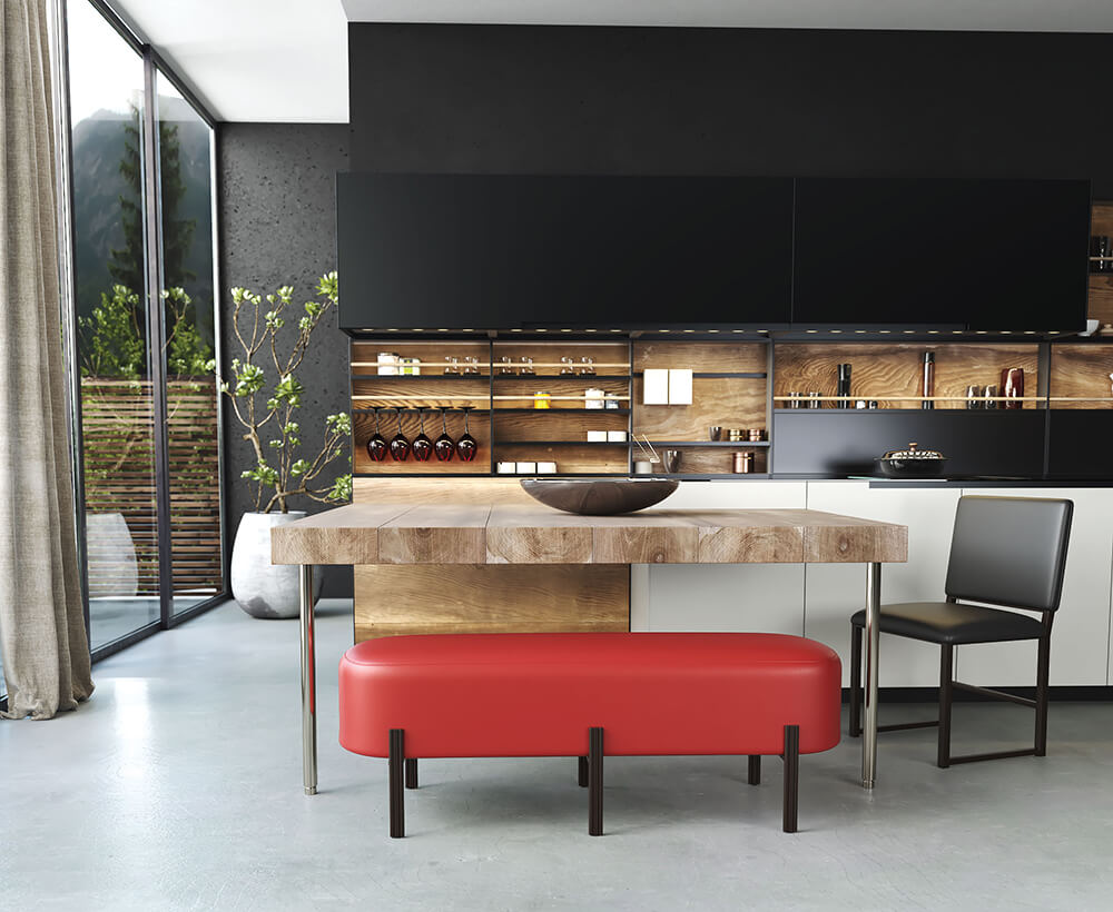 Wesley Allen's Alexa Red Bench in Kitchen