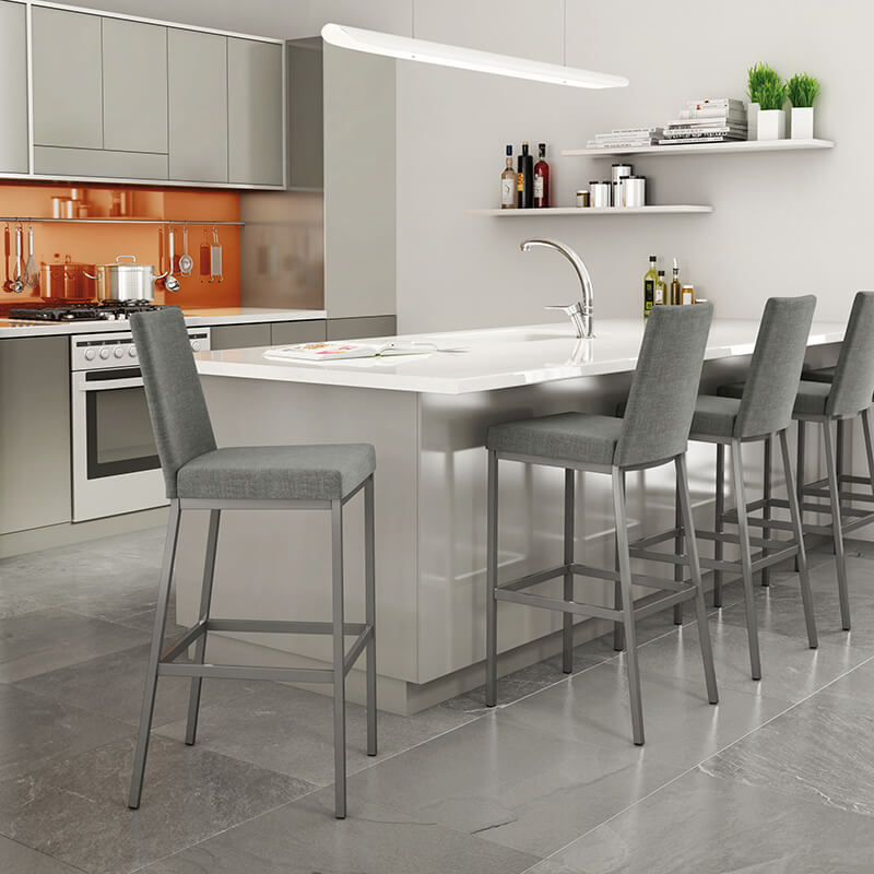 Gray bar stools in kitchen with pops of color