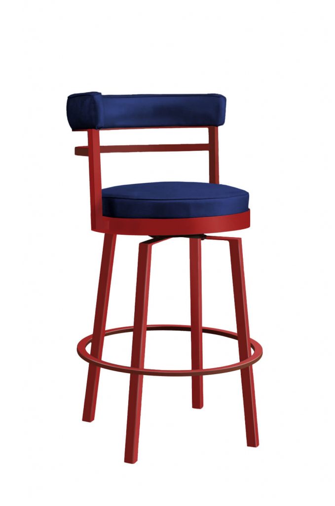 Leathercraft's Jasper Red Metal Swivel Bar Stool in Blue Seat Fabric