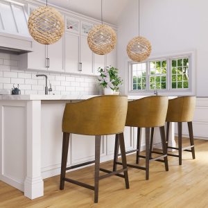 Leathercraft's Baxter Luxury Leather Wood Bar Stool in Modern White Kitchen - Side View