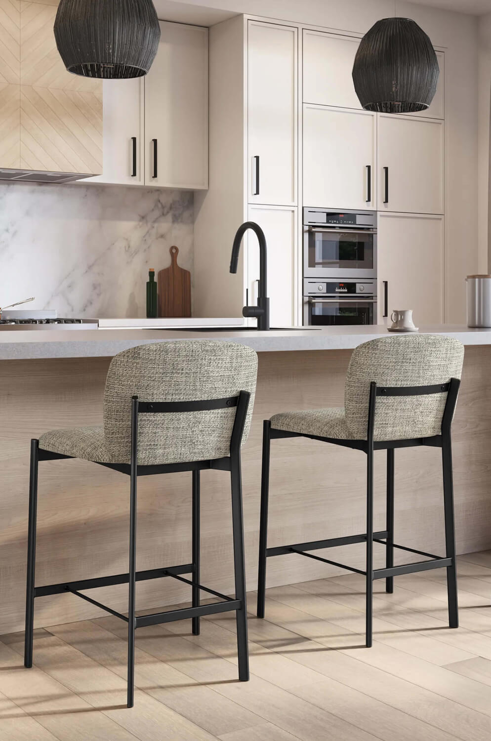 Amisco's Kally Modern Stationary Bar Stool in Minimal Black Wood Kitchen