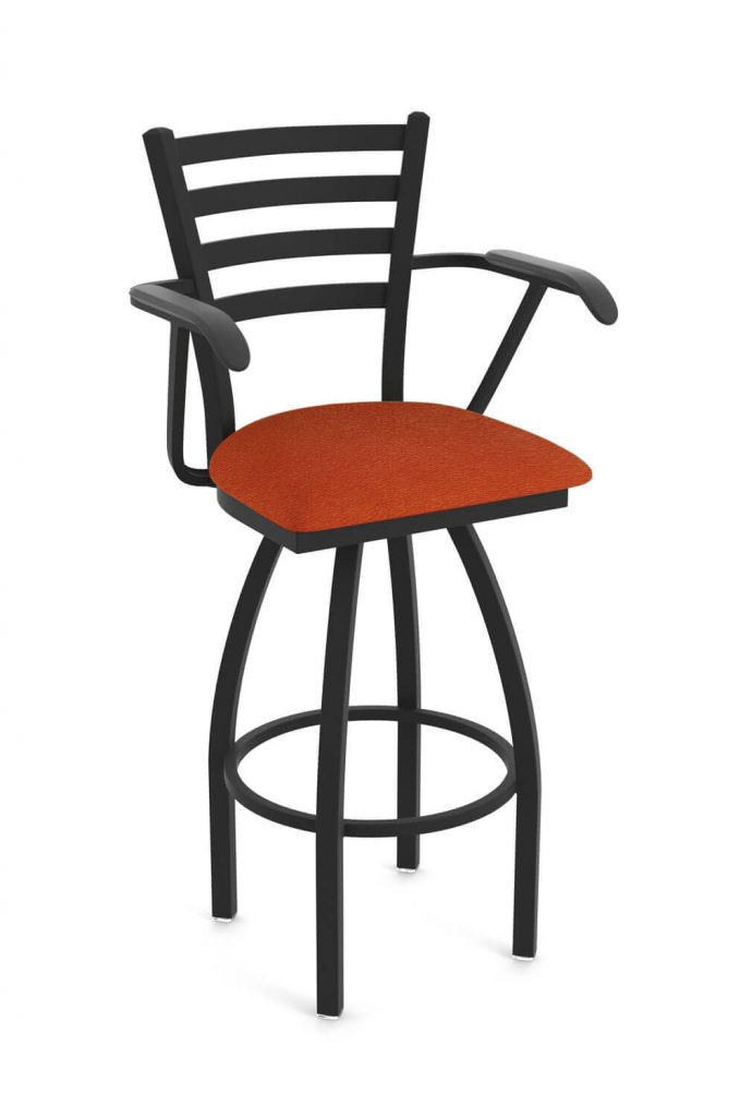 Holland's Jackie Black Swivel Bar Stool with Arms and Orange Seat Cushion