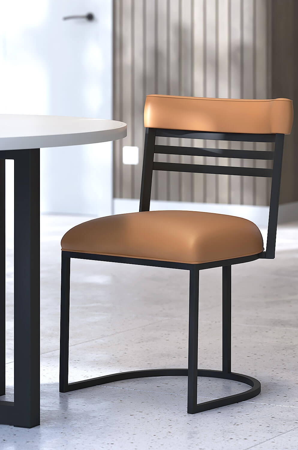 Wesley Allen's Miramar Modern Dining Chair in Black Metal and Saddle Vinyl