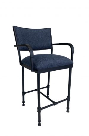 Wesley Allen's Jayce Transitional Upholstered Bar Stool with Arms in Black Metal and Blue Cushion