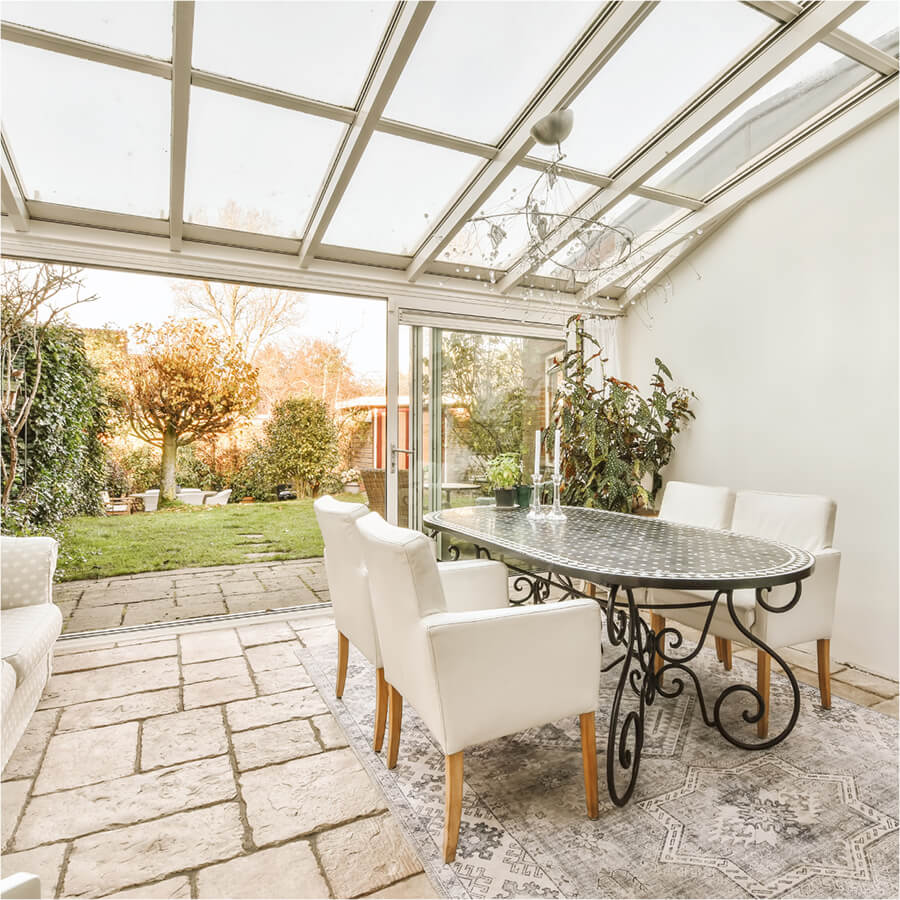 Sunroom transition from indoors to the outdoors