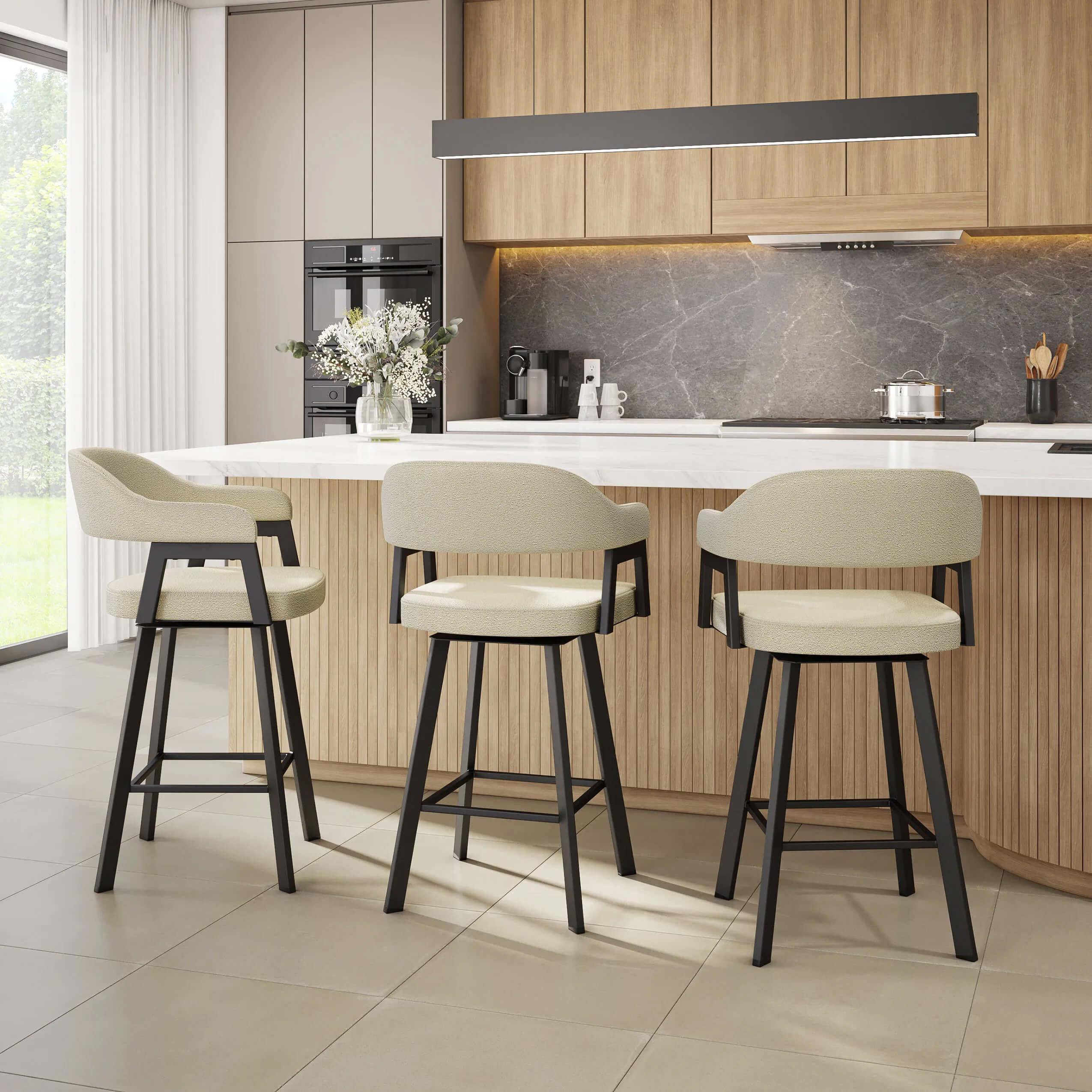 Amisco's Carmen Modern Swivel Bar Stools with Arms in Modern Scandinavian Kitchen