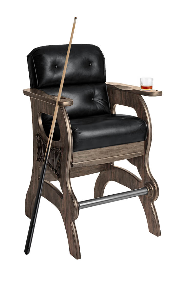 Darafeev's Mann Sports Theater Chair in Oak Wood and Black Leather with Pool Cue