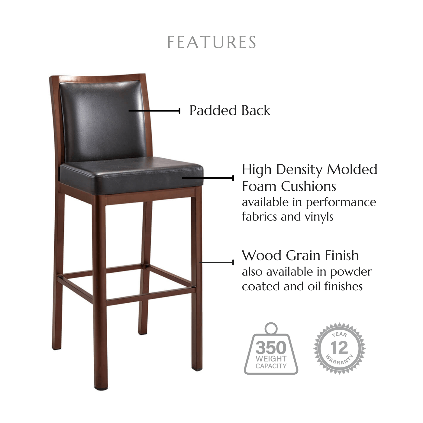 Featuring a back cushion, high density molded foam cushions available in performance fabrics and vinyls, wood grain finish also available in powder coated and oil based finishes. This stool has a 350 lb weight capacity with a 12-year warranty.