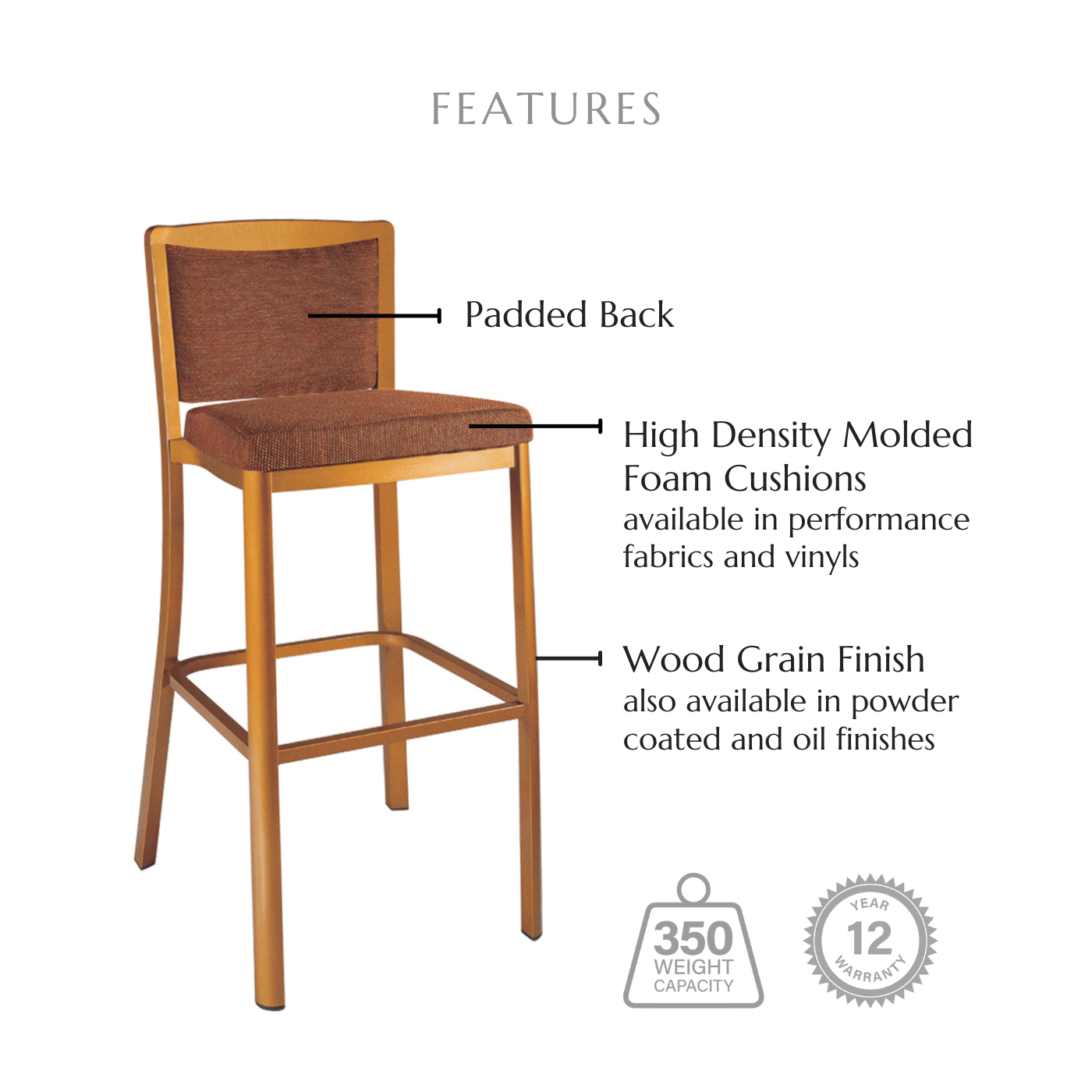 Featuring a back cushion, high density molded foam cushions available in performance fabrics and vinyls, wood grain finish also available in powder coated and oil based finishes. This stool has a 350 lb weight capacity with a 12-year warranty.