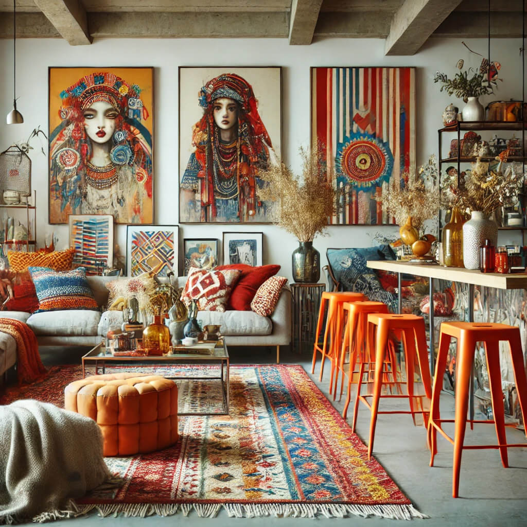 Eclectic space with orange bar stools