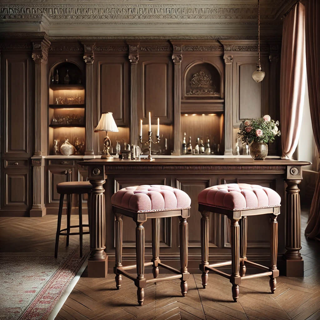 Pink Bar Stools in Traditional Wood Home Bar Kitchen