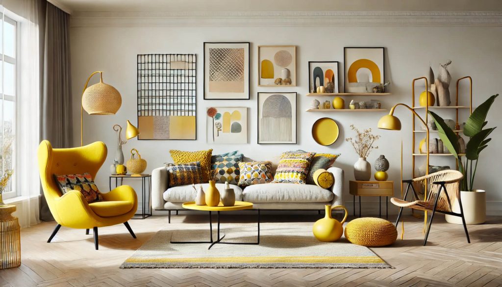 Eclectic style living room with yellow accents