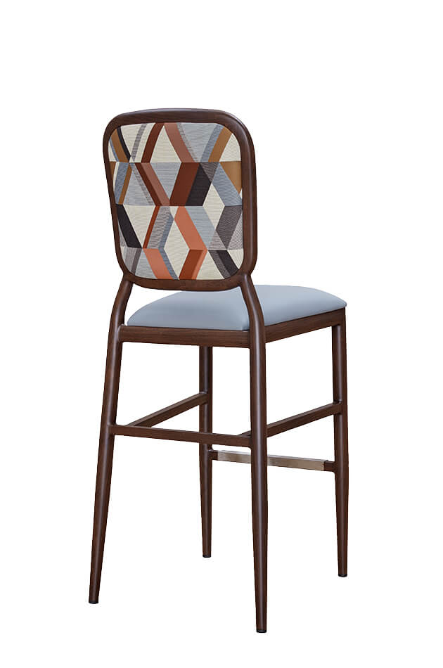 Felix Mid-Century Modern Wood-Grain Bar Stool with Geometric Fabric on Back - Back View