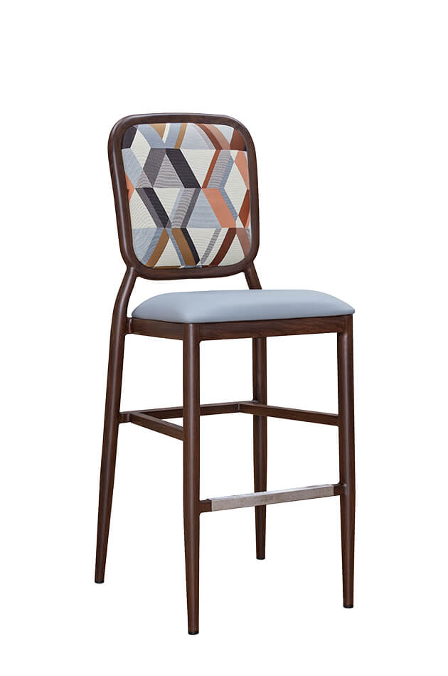 Felix Mid-Century Modern Wood-Grain Bar Stool with Geometric Fabric on Back