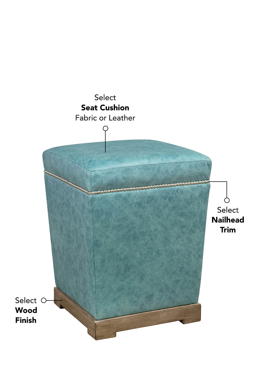 Select your seat cushion in a variety of fabrics and leathers, then select your nailhead trim, and finally select your wood finish.